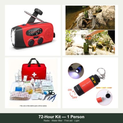72-Hour Kit for one person: Ready Signal crank and solar emergency radio, emergency water filter, 188-piece first aid kit and a USB rechargeable keychain flashlight