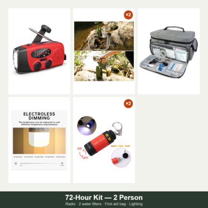 72-Hour Kit for two people: Ready Signal emergency radio, two emergency water filters, travel first aid bag, rechargeable camping light and two keychain flashlights