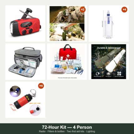 72-Hour Kit for four people: Ready Signal emergency radio, two water filters, four 1 litre filtered bottles, travel first aid bag, 188-piece first aid kit, rechargeable lantern and four keychain flashlights