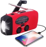 Emergency Weather Radio — Hand Crank & Solar with Flashlight and USB Phone Charger — charging a phone from the built-in 1000 mAh battery