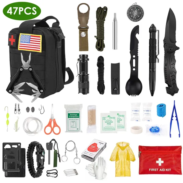 Field Pack 47 emergency and EDC kit laid out: MOLLE pouch, flashlight, multi-tool, ferro rod, first aid supplies, poncho and cordage